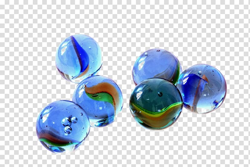 Six glossy glass marbles with swirling blue, green, orange, and red patterns on a transparent background.