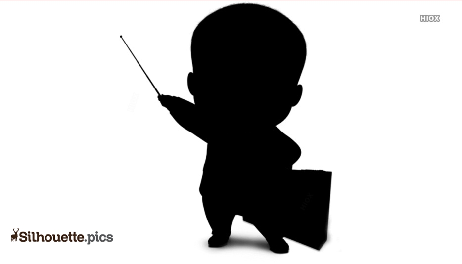 Silhouette of a baby in a suit holding a conductor’s baton and briefcase, styled as a “baby boss” character.