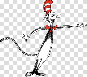 The Cat in the Hat, a black-and-white anthropomorphic cat wearing a red-and-white striped hat and red bow tie, pointing playfully.