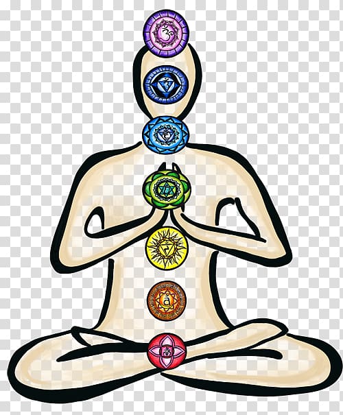 Meditating figure with seven colorful chakras aligned along the spine, from root to crown.
