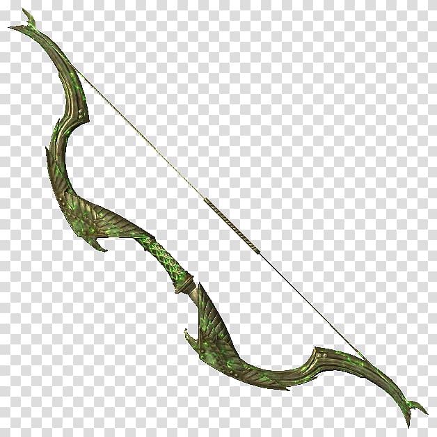 Elven-style green ornate bow with leaf-like carvings and a taut string, set against transparent background.