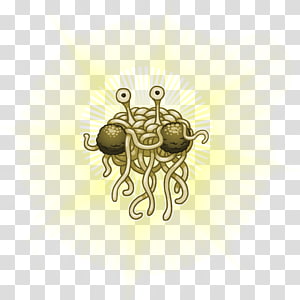 Flying Spaghetti Monster cartoon with noodly appendages, meatball eyes, and radiant glow on transparent background.