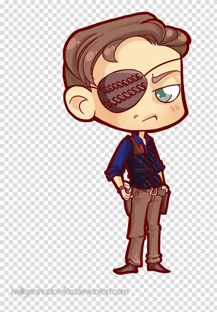 Chibi-style cartoon of a one-eyed male adventurer in blue shirt, vest, and brown pants, with stern expression and hands on hips.