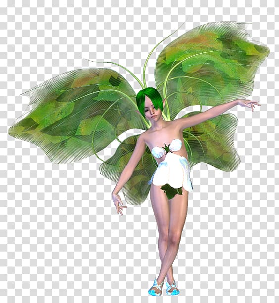 Green-haired fairy with leaf-like wings in a whimsical pose, wearing white floral attire and blue sandals.