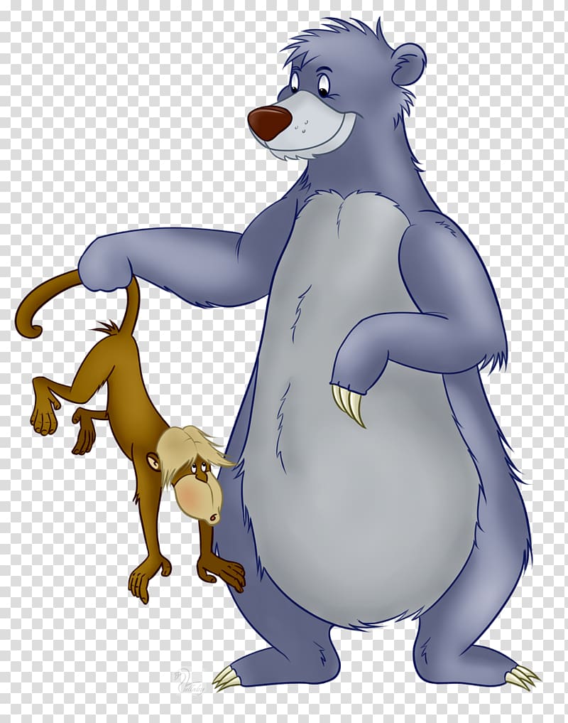 A friendly blue-gray bear holding a small brown monkey by its tail, both smiling in a cartoon style.