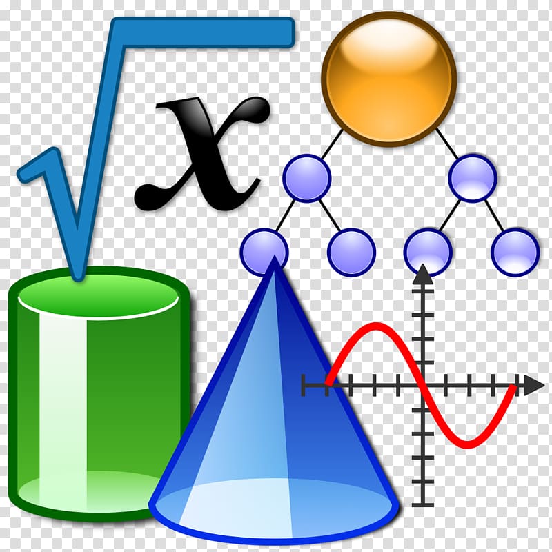 Mathematical symbols, 3D geometric shapes, neural network diagram, and sine wave on transparent background.
