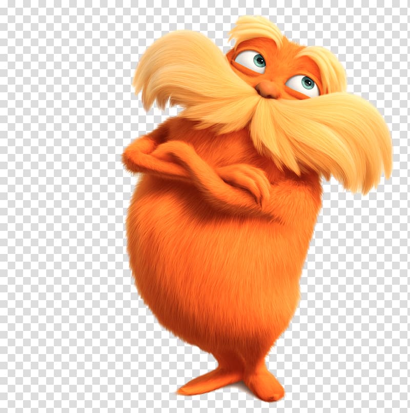 The Lorax, an orange, mustachioed creature with expressive eyes and crossed arms, standing confidently against a transparent background.