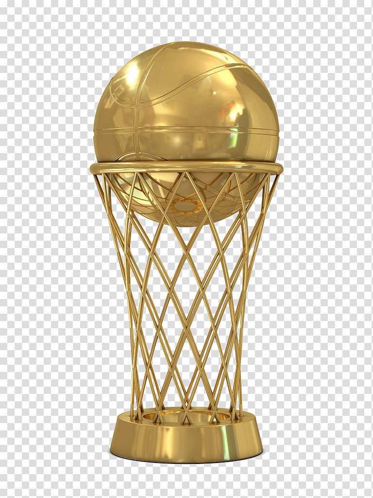 Golden basketball trophy with a shiny ball resting in a netted stand on a circular base.