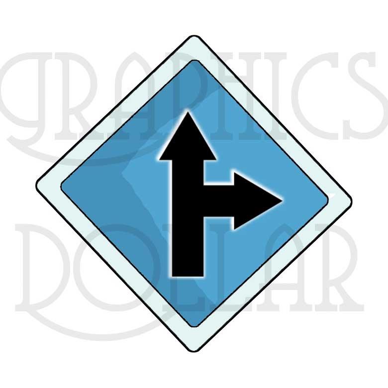 Blue diamond-shaped traffic sign showing a black arrow splitting to go straight or right.