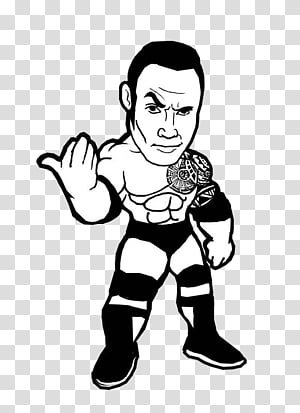 Cartoon-style wrestler in black and white, posing with raised hand and intense expression, wearing trunks and boots.