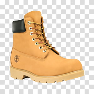 Tan Timberland-style work boot with yellow laces, black heel tab, and rugged sole on transparent background.