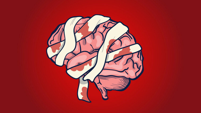 Illustrated human brain wrapped in white bandages with blood stains, set against deep red background.