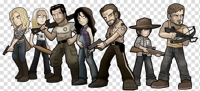 Cartoon-style group of seven armed survivors from a post-apocalyptic setting, including adults and a child with firearms and melee weapons.