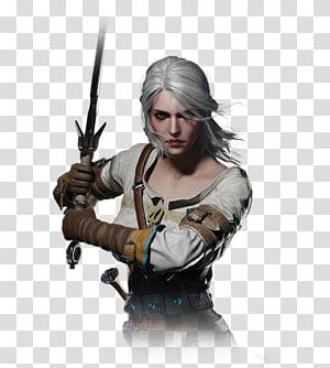 Ciri from The Witcher 3, silver-haired warrior holding a sword in combat stance, wearing leather armor and bracers.