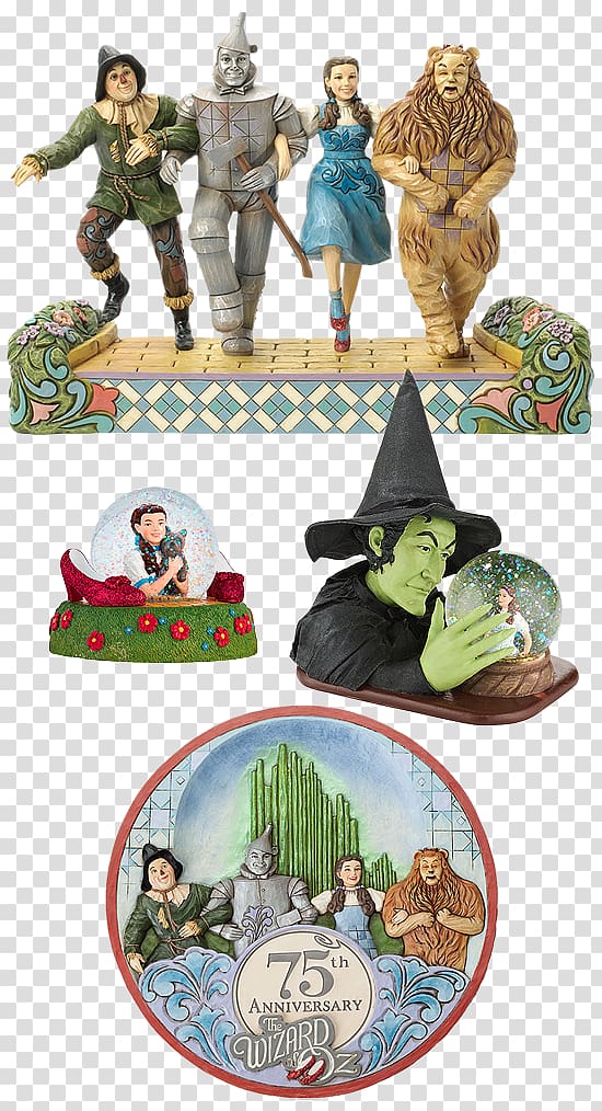 Wizard of Oz collectible figurines and anniversary memorabilia including Dorothy, Scarecrow, Tin Man, Cowardly Lion, and Wicked Witch.