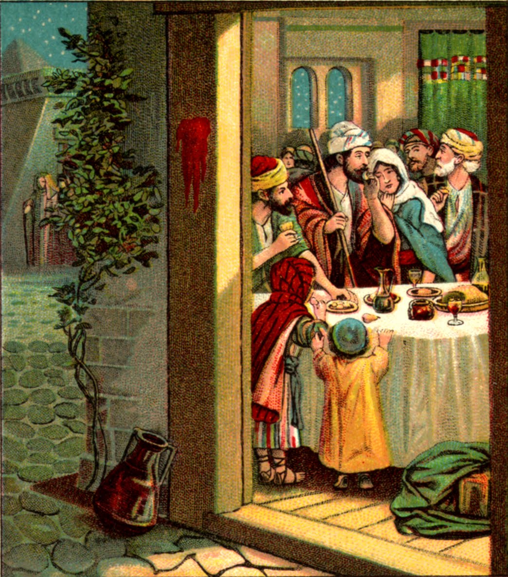 A Passover Seder scene with a family gathered around a table, blood on the doorpost, and figures outside under a starry night.