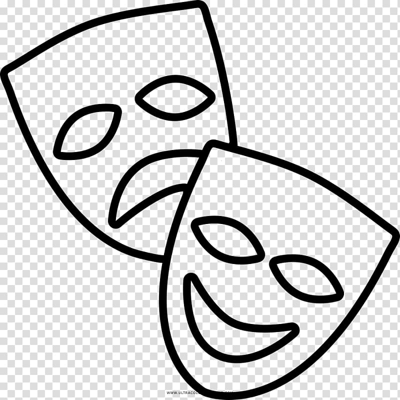 Classic theater masks representing tragedy (frowning) and comedy (smiling), outlined in black on transparent background.