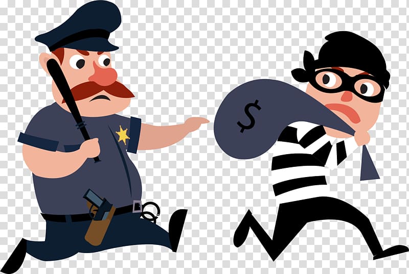 Cartoon police officer chasing a thief with a money bag, both running in action pose.