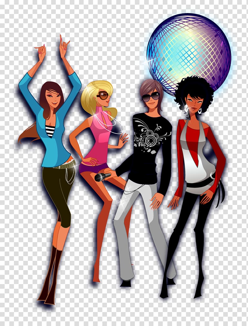 Four stylish animated women dancing under a glowing disco ball, embodying 70s-80s retro party vibes.
