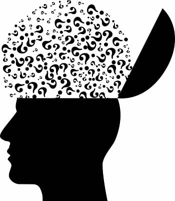 Silhouette of a human head with an open lid revealing swirling question marks, symbolizing curiosity, confusion, or deep thinking.