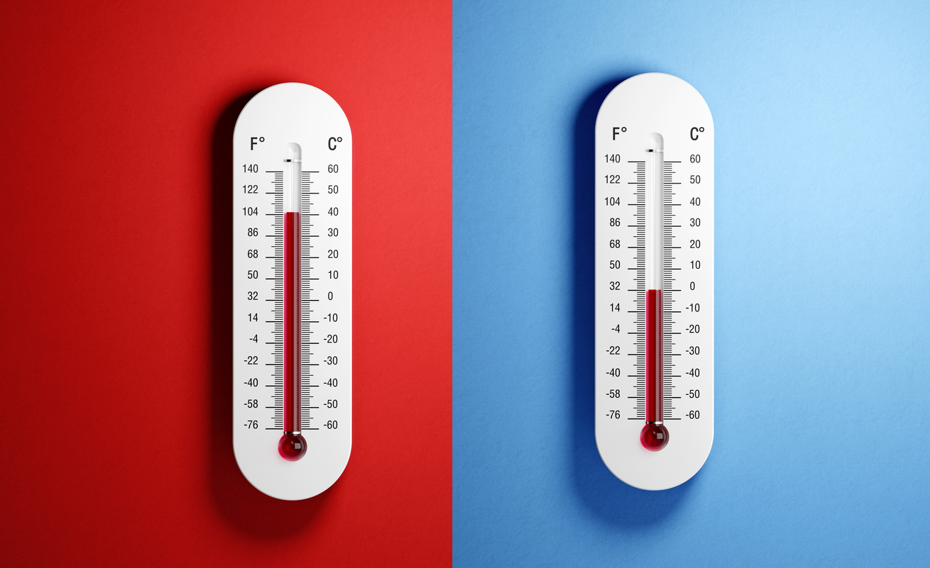Two thermometers side-by-side showing Fahrenheit and Celsius scales; left on red background (warm), right on blue (cool).