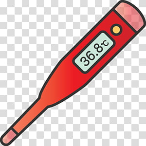 Digital thermometer displaying 36.8°C, red body with LCD screen and button.
