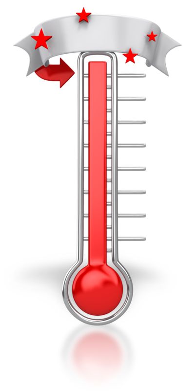 A stylized red thermometer with a silver frame, ribbon banner, and stars indicating rising performance or temperature.