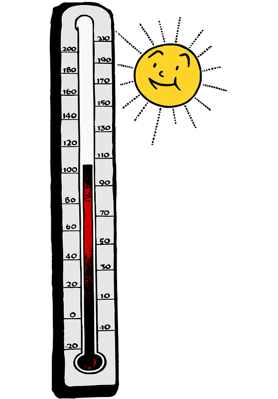 A cartoon thermometer showing ~95°F with a smiling sun beside it on a green background.