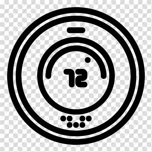 Circular smart thermostat icon showing temperature 72°F with control rings and buttons.
