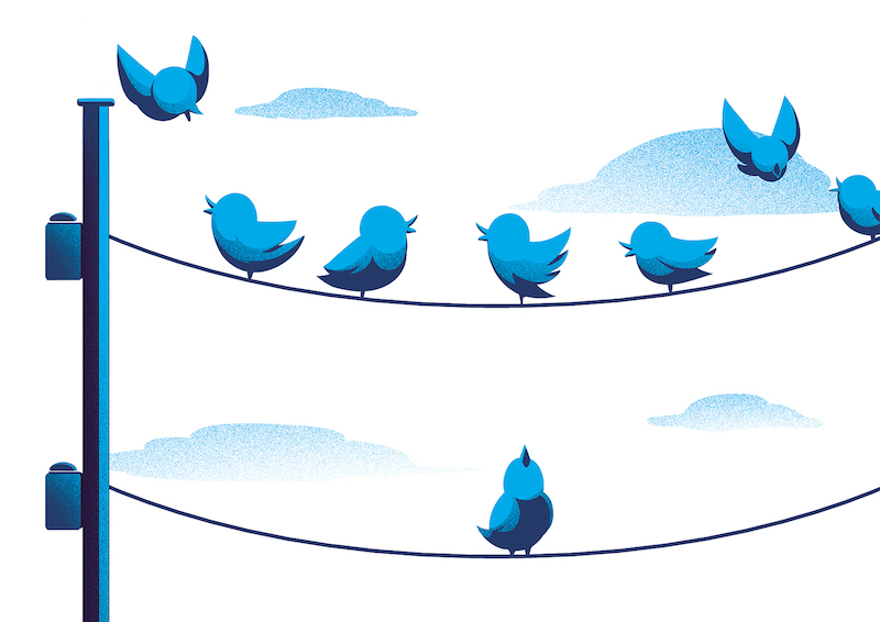Blue stylized birds perched and flying near utility wires against a sky with soft clouds.