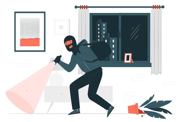 A masked burglar with a flashlight and backpack sneaks through a dimly lit room, knocking over a potted plant near a window.