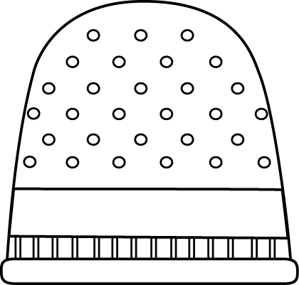 A black-and-white line drawing of a classic thimble with dimpled top and ribbed base.