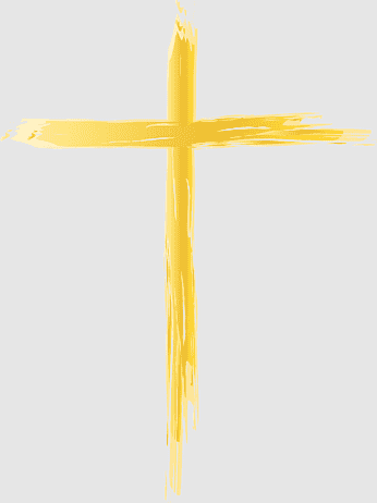 A hand-painted golden-yellow Christian cross with textured brushstrokes on a light gray background.