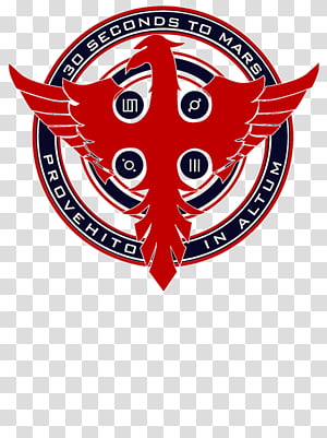 Red phoenix emblem with wings, circular text "30 Seconds to Mars" and Latin motto "Provehito in Altum", featuring four symbolic icons.