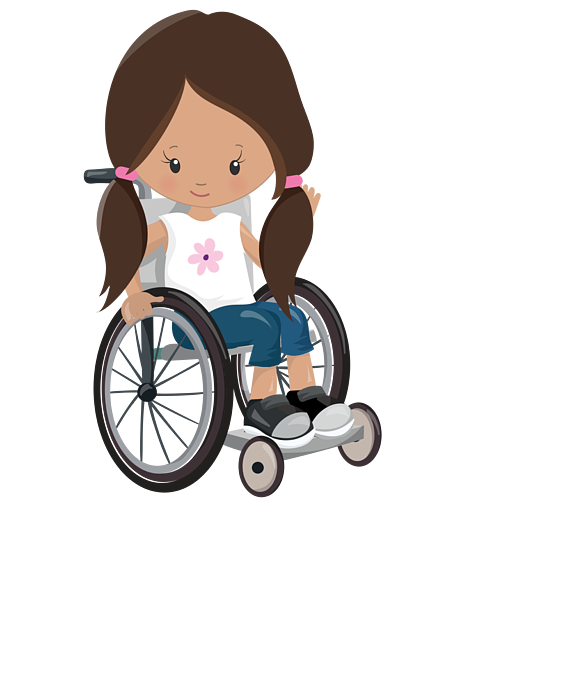 A smiling girl with pigtails in a wheelchair, wearing a white shirt with a pink flower, next to text saying "This is how I roll!"