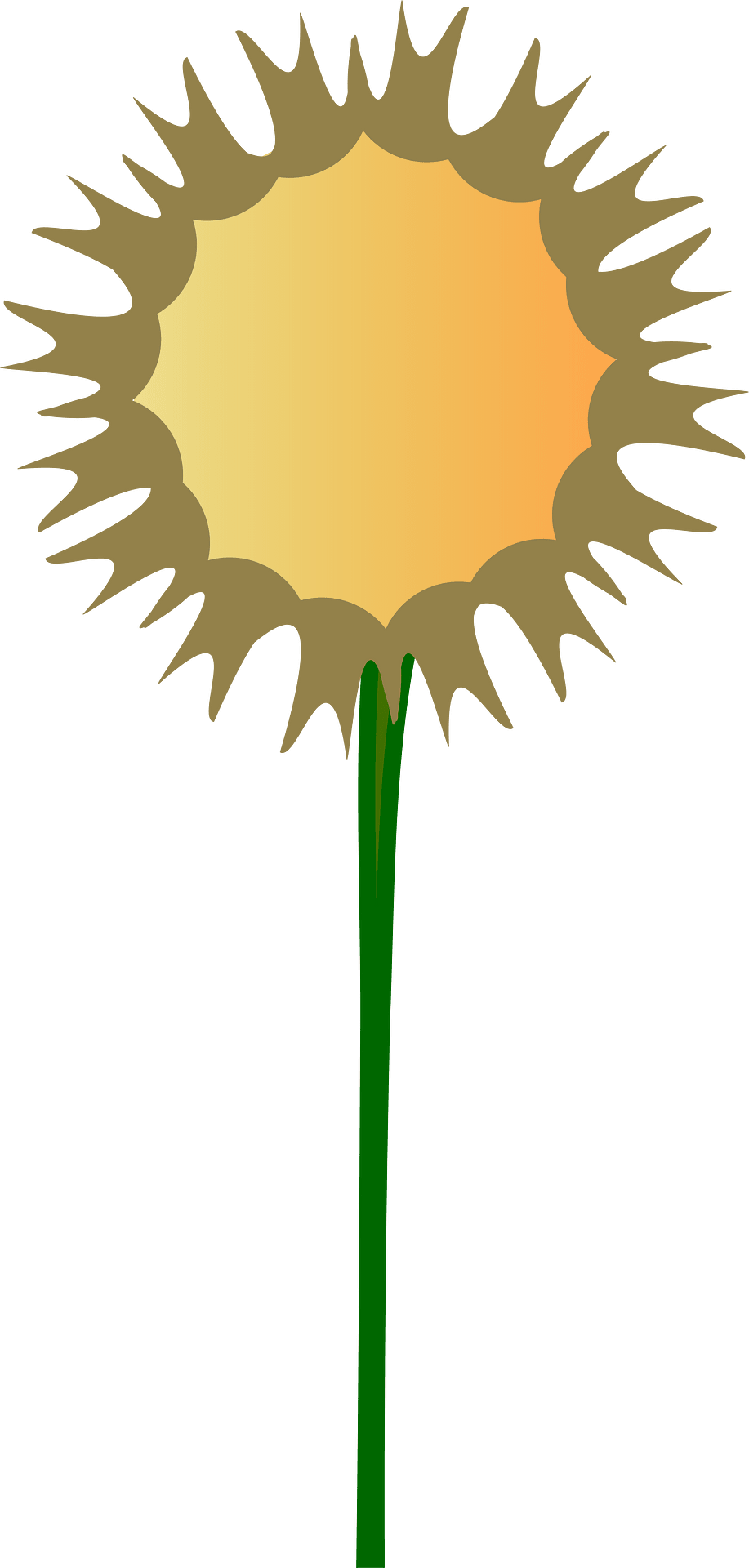 Stylized sunflower with yellow center, brown spiky petals, and green stem on olive background.