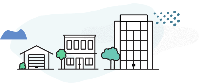 Illustration of a residential garage, small commercial building, and modern office tower with trees and sky elements.