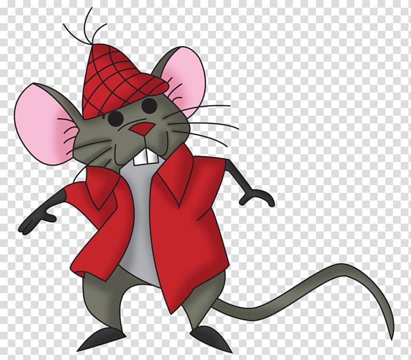 Cartoon mouse wearing red plaid hat and red jacket, dancing with expressive pose.