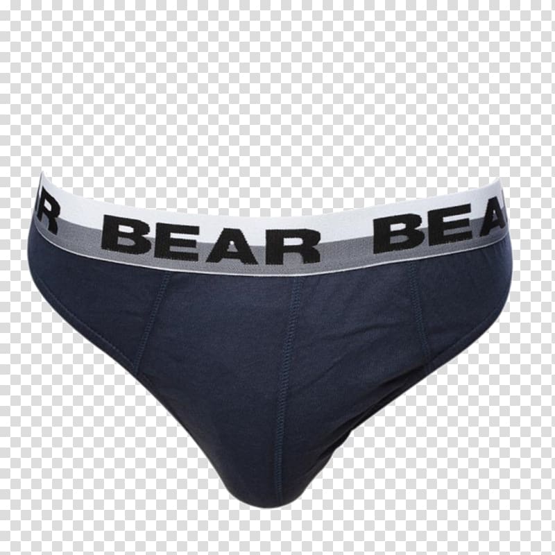 Navy blue men's briefs with "BEAR" branding on white waistband, displayed on transparent background.