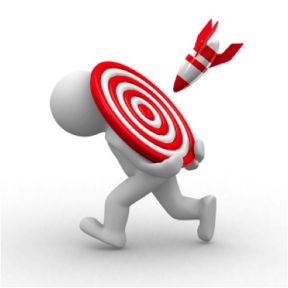 A 3D white figure runs while carrying a red-and-white bullseye target, with a rocket flying toward it.