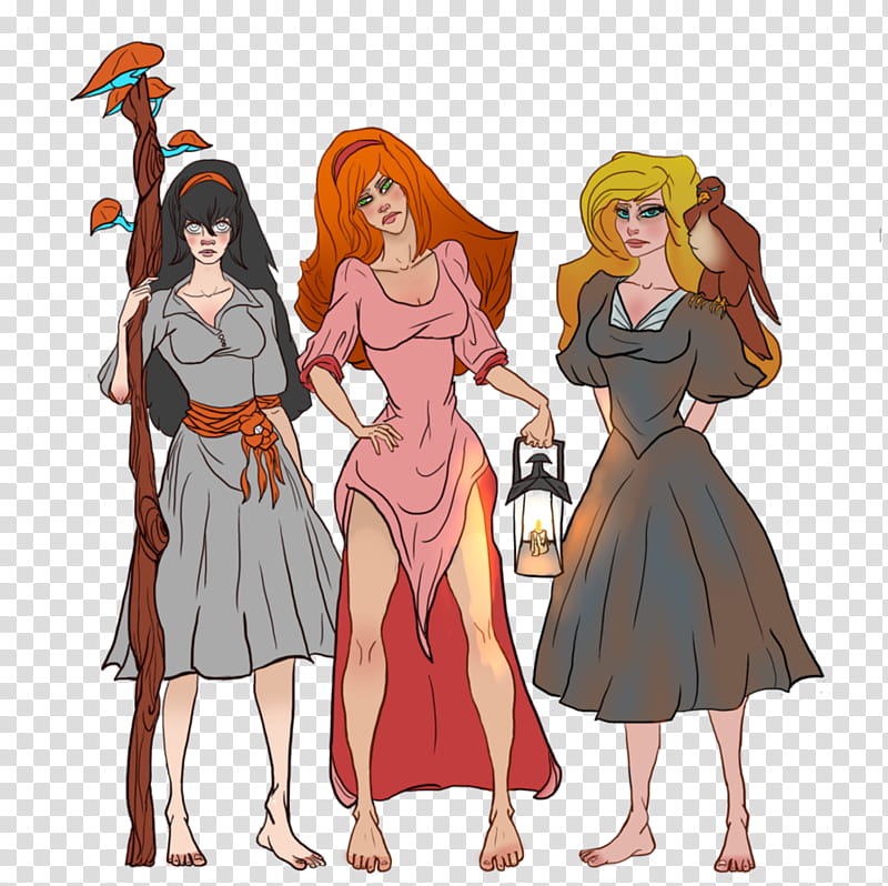 Three mystical women-dark-haired with staff, red-haired in pink gown, blonde with owl and lantern-standing barefoot against transparent background.