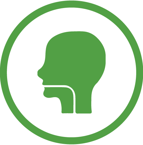 Green icon showing a human head profile with visible vocal tract anatomy inside a circle.
