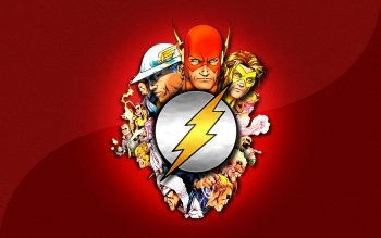 The Flash logo with central lightning bolt emblem surrounded by comic book characters on a red background.
