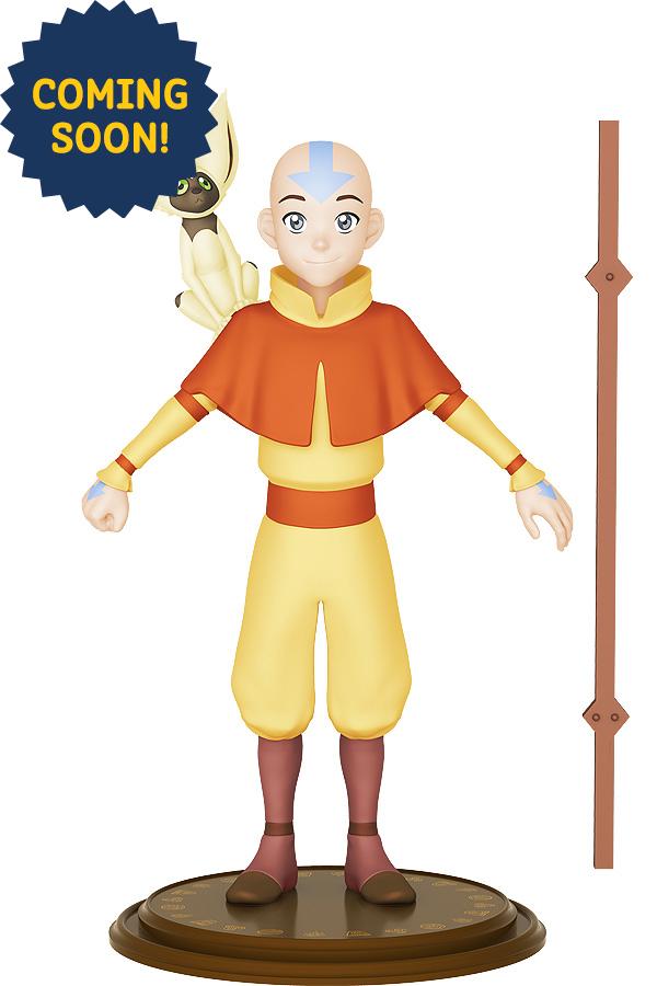 Aang figurine from Avatar: The Last Airbender with Momo on shoulder, holding staff, "Coming Soon!" badge.