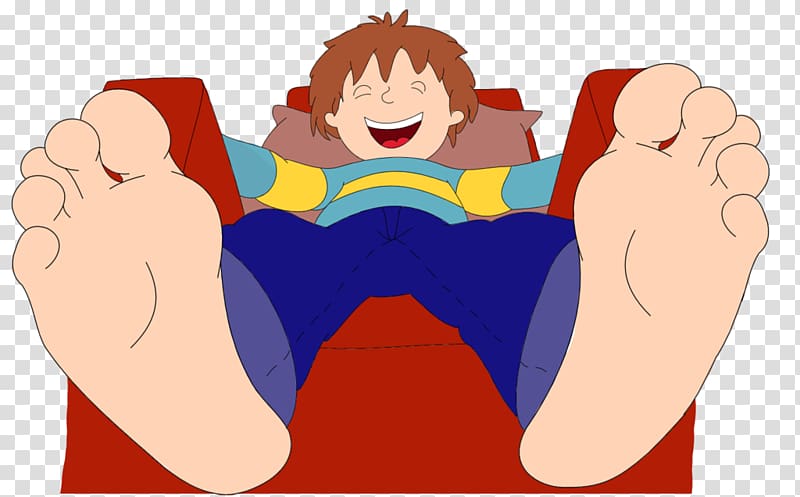 Happy cartoon boy lying back with feet up, smiling widely in relaxed pose on red chair.