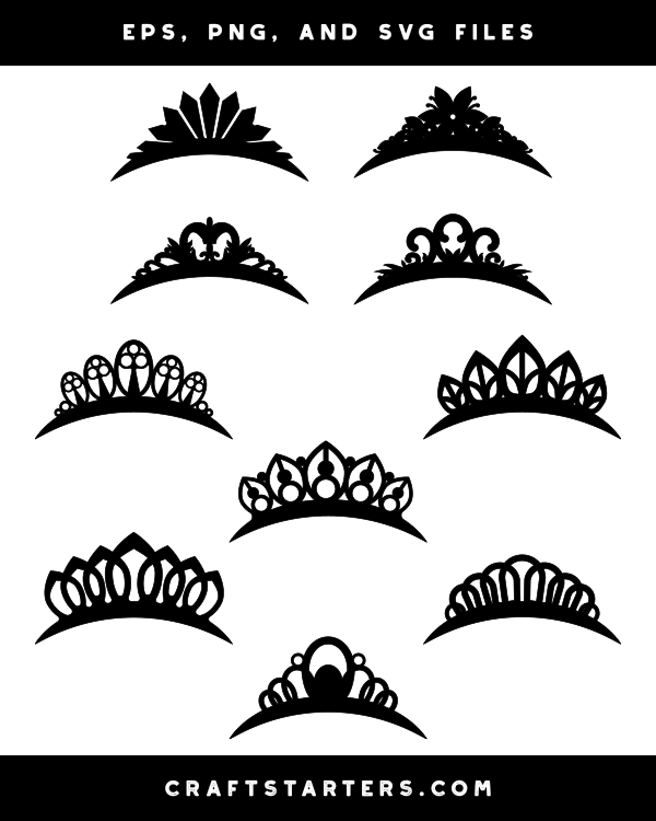 Collection of 10 black silhouette tiara designs in EPS, PNG, and SVG formats for crafting and digital projects.