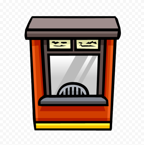Cartoon-style ticket booth with orange frame, gray roof, and window showing a seat silhouette.