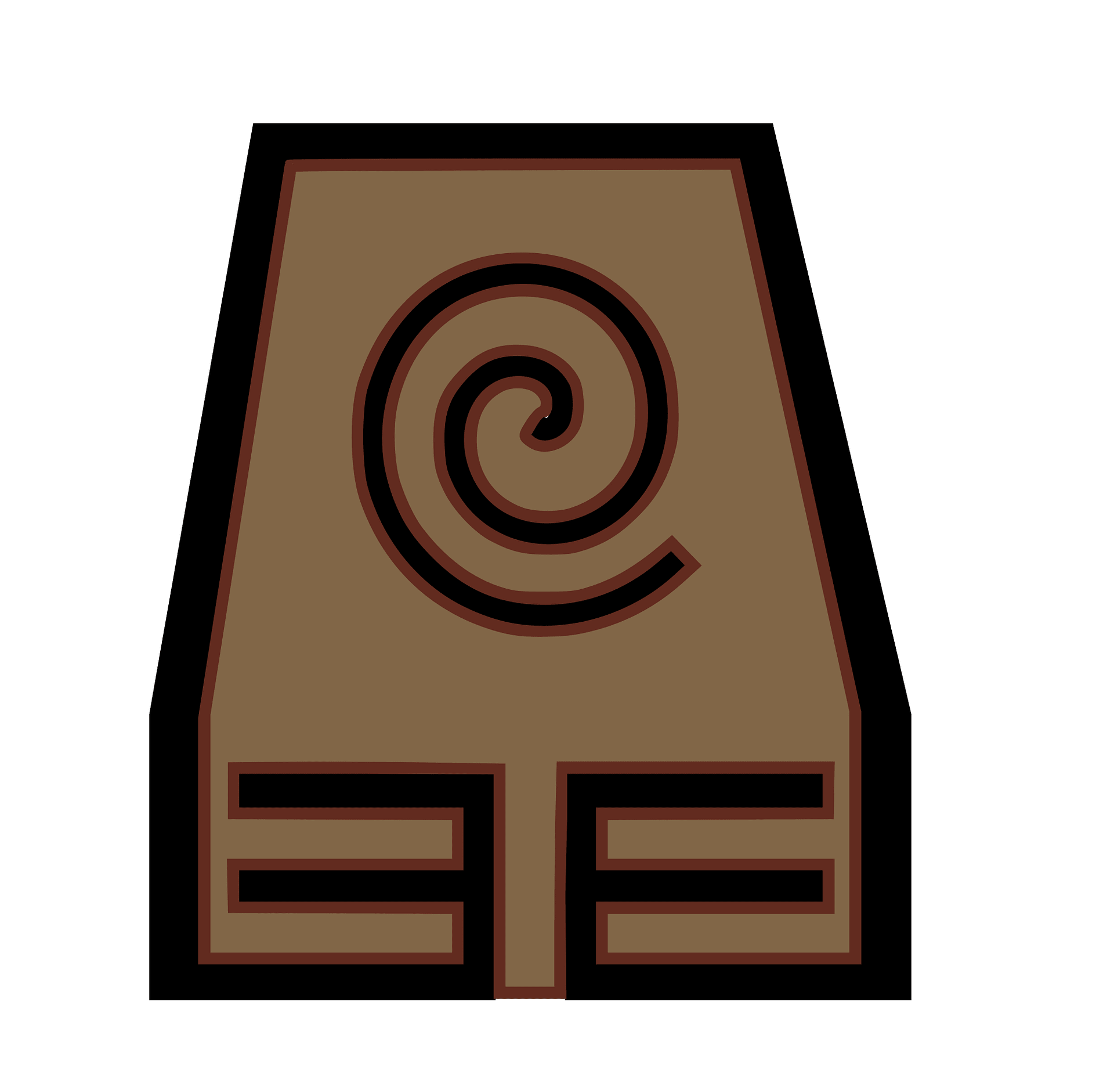 Stylized brown stone tablet with spiral symbol and geometric patterns, evoking ancient Mesoamerican or indigenous iconography.