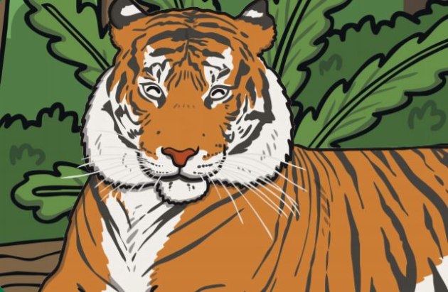 Illustrated tiger with orange fur, black stripes, and white facial markings, resting among green foliage.