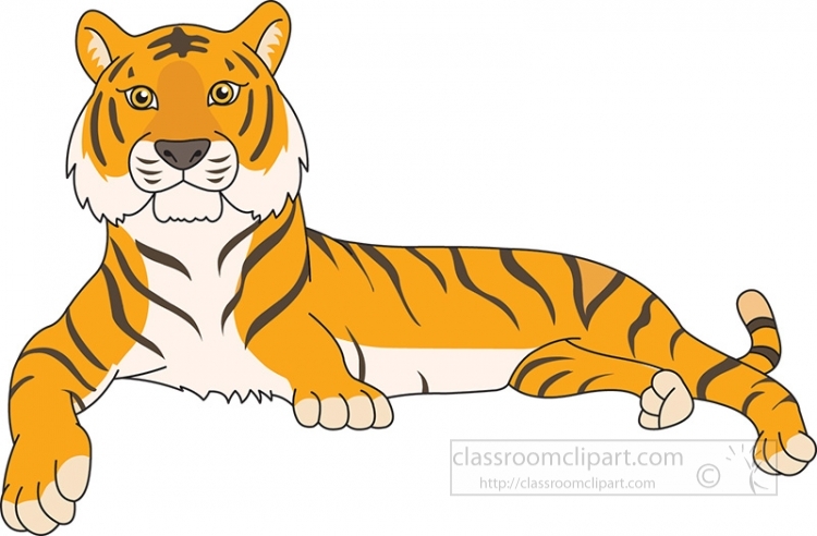 A cartoon tiger lying down, orange with black stripes, white chest and face markings, alert expression.